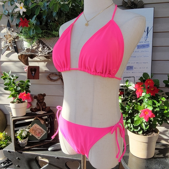 O P ♡ Gorgeous 2pc Bright Pink Padded Bralette String Bikini Swimsuit L | XL - Picture 2 of 11